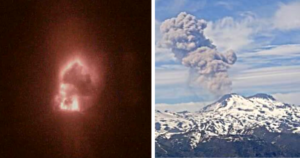 Dos fotografías: una de una explosión nocturna y otra de una fumarola de día.