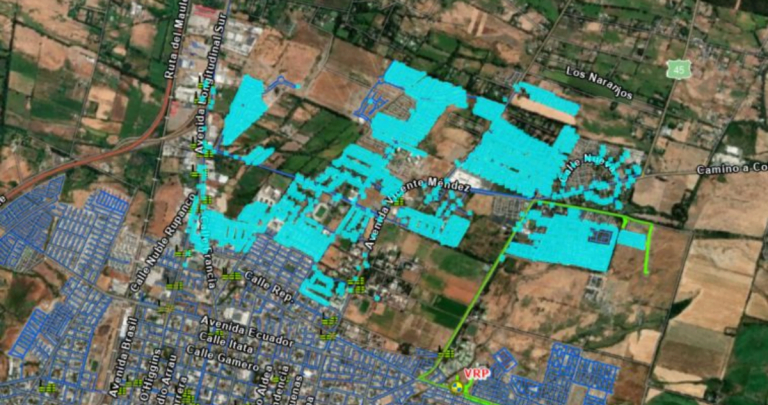 Vista satelital del sector nororiente de Chillán. Los sectores destacados quedarán sin agua.