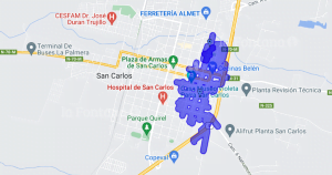 En azul las zonas de la ciudad afectadas. Mapa: CGE.