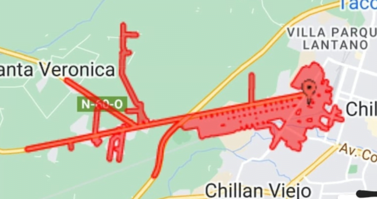Mapa que muestra, en rojo, las zonas afectadas al poniente de Chillán. Seremi de Energía.