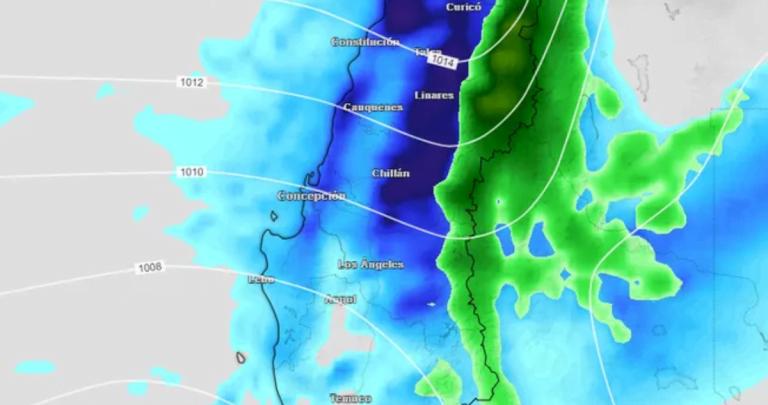 En azul, las precipitaciones sobre el mapa. En verde, la nieve. Foto: Meteored.