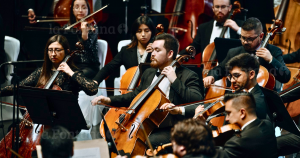 Fila de violoncellos en la Orquesta Sinfónica de Ñuble. Fotografía de junio de 2023.