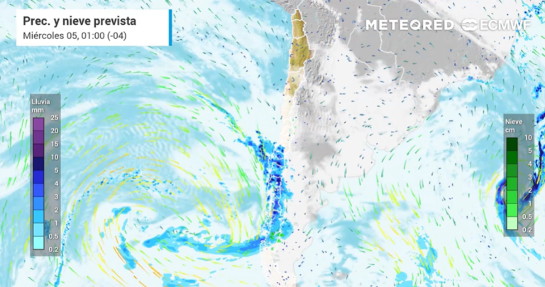 Las lluvias más intensas se sentirán durante este miércoles. Ilustración: Meteored.cl
