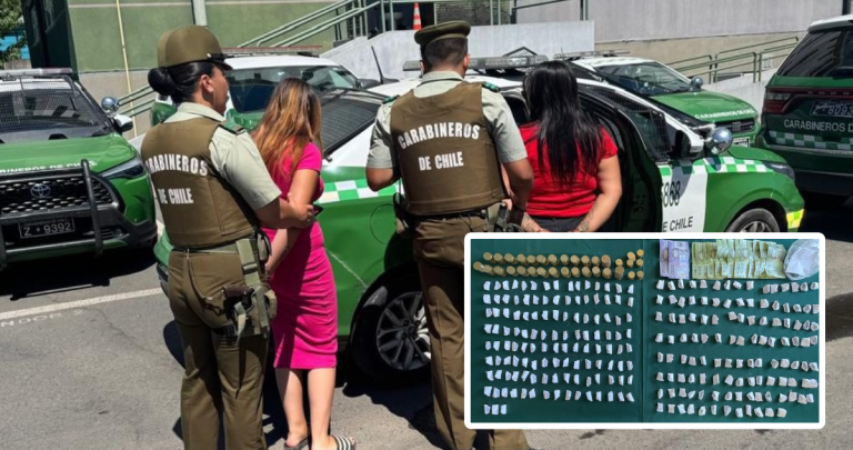 Las detenidas y lo incautado. Foto: Carabineros.