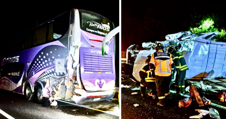 El bus llevaba 35 pasajeros; la camioneta quedó reducida a chatarra. Fotos: MOP.