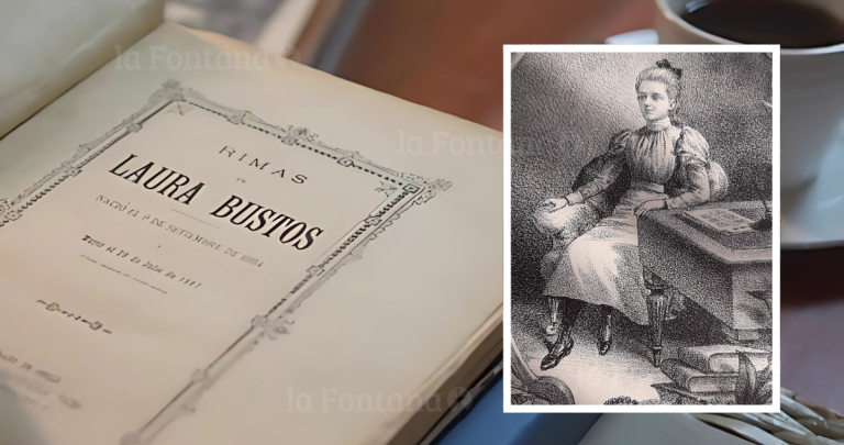 Al fondo, un ejemplar del libro Rimas de Laura Bustos. A la derecha, una ilustración que retrata a la joven artista.