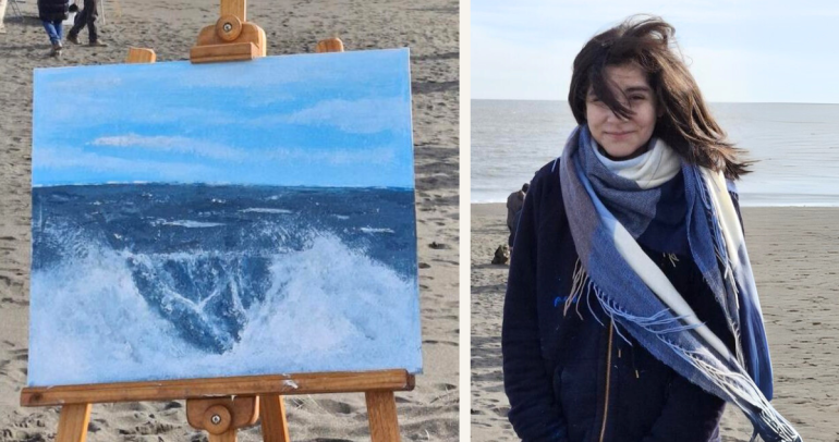 La estudiante y su obra de arte. Foto: SLEP.
