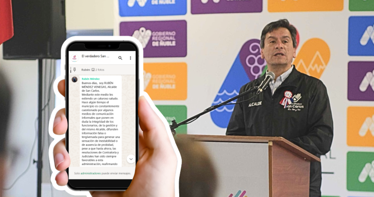 Al fondo, el alcalde Méndez. A la izquierda, una captura de pantalla del grupo de WhatsApp.