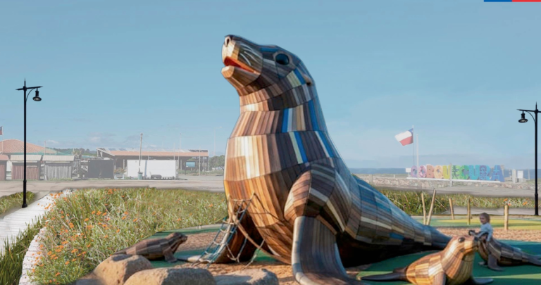 La propuesta incluye una escultura de un lobo marino. Imagen: MOP Ñuble