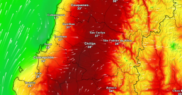 En rojo oscuro, las temperaturas más altas. Foto: Mapa interactivo Meteored.cl