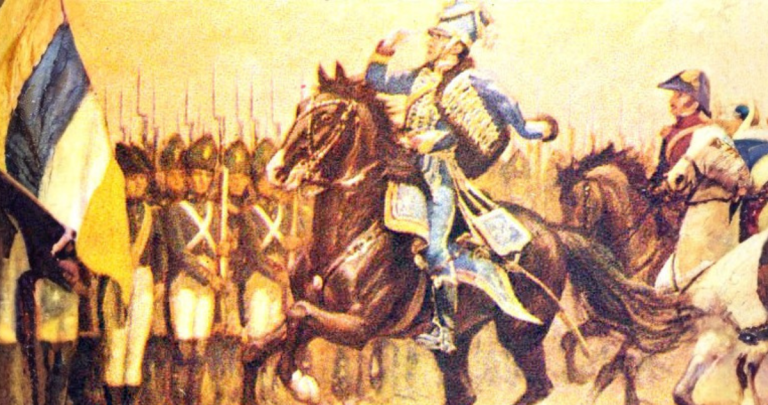 Carrera alentando a sus tropas, postal atribuida a la Batalla de San Carlos de 183. Foto: Dominio público.