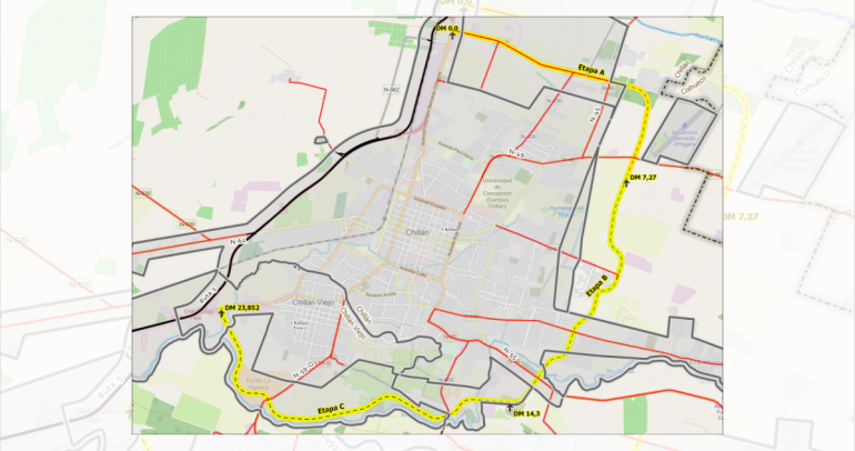 La obra partiría en el acceso norte de Chillán y llegaría a Chillán Viejo por el este. Plano: GORE.