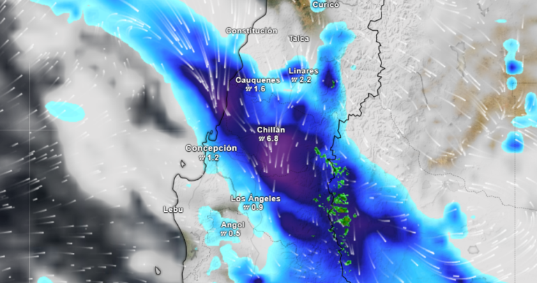 En celeste, azul y morado, las zonas donde lloverá la tarde del domingo. Foto: Meteored.