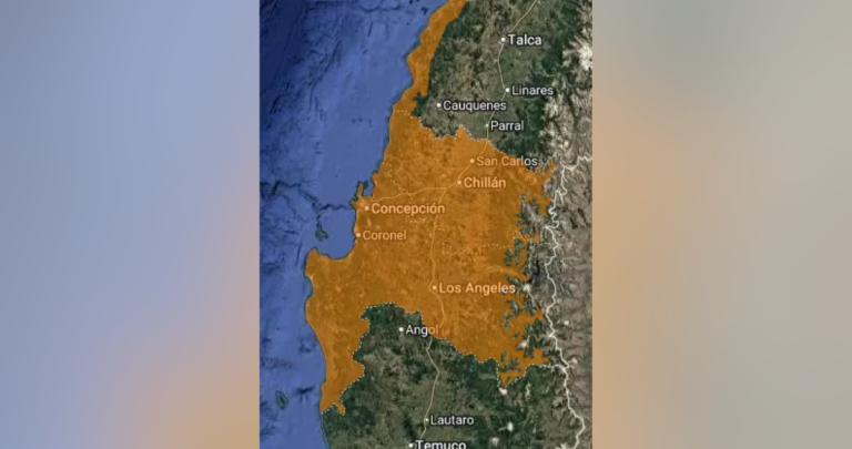 Zonas con alerta emitida en Maule, Ñuble y Biobío. Foto: DMC.