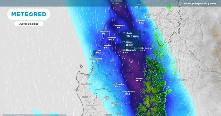 Las zonas azules proyectan las lluvias; las verdes, la nieve. Como se observa, lloverá incluso en la alta cordillera. Mapa: Meteored.