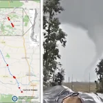 A la izquierda, el mapa del informe de la DMC. A la derecha, una captura de video del tornado.