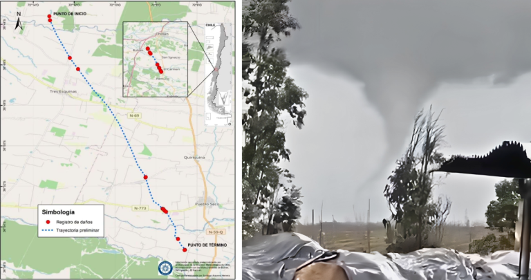 A la izquierda, el mapa del informe de la DMC. A la derecha, una captura de video del tornado.