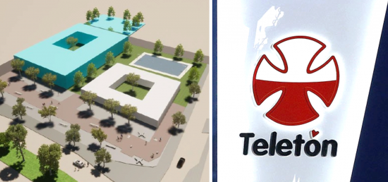 Foto-montaje: A la izquierda, una previsualización digital de lo que sería el centro oncológico y el futuro Instituto Teletón. A la derecha, el logo de la fundación de rehabilitación.